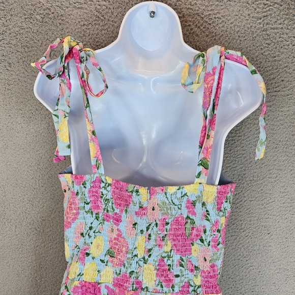 Wayf Womens Minidress Sz L Pink Carnations Tie Straps Adj. Sweetheart Neckline - Picture 8 of 13